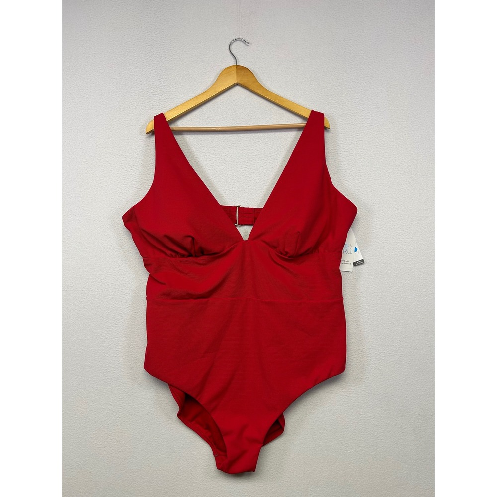 Summer Beach Time and Tru Womens 3X 24W-26W Red V-Neck Ribbed One Piece Swimsuit